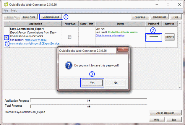 QuickBooks® Web connector Version Password Save