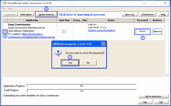 QuickBooks® Web connector Version Password Save